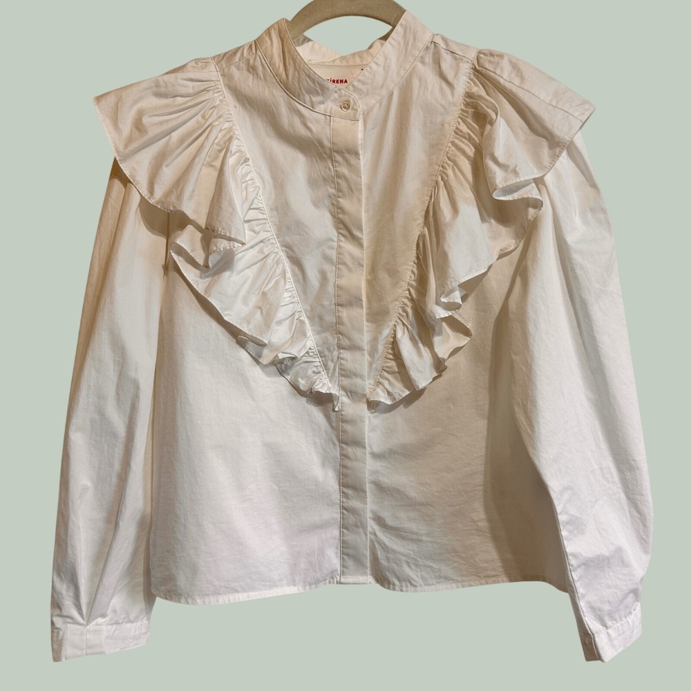 Xirena Ruffle Bib Blouse XS White Cotton Poplin Button Down Top